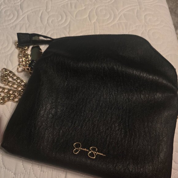 Jessica Simpson Black Faux Leather Crossbody Bag Gold Chain Leopard Lining EUC - Picture 7 of 9